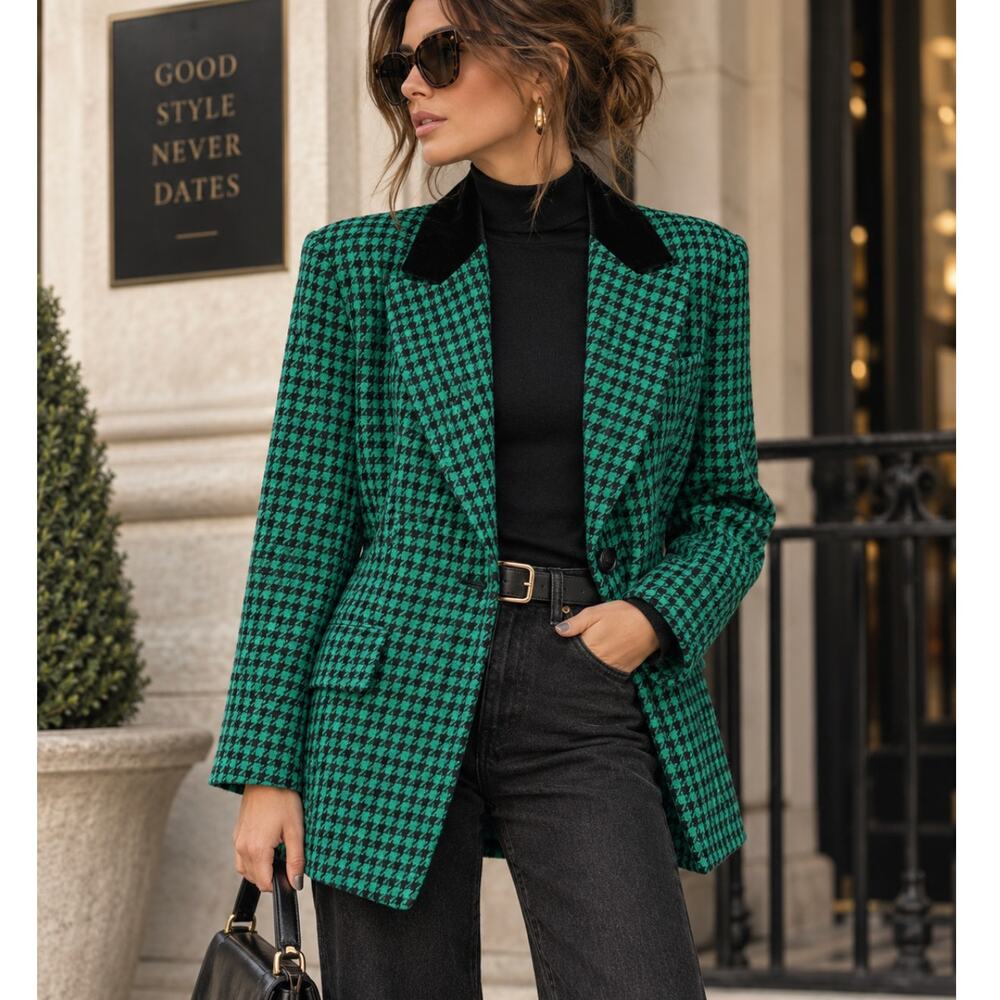 Vintage Joseph Ribkoff Blazer 10 Green Houndstooth Velvet Collar 80s 90s Canada